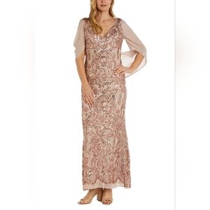 NWT R&M Richards Draped Chiffon Long Sequin Gown Capelet 6 Rose Gold